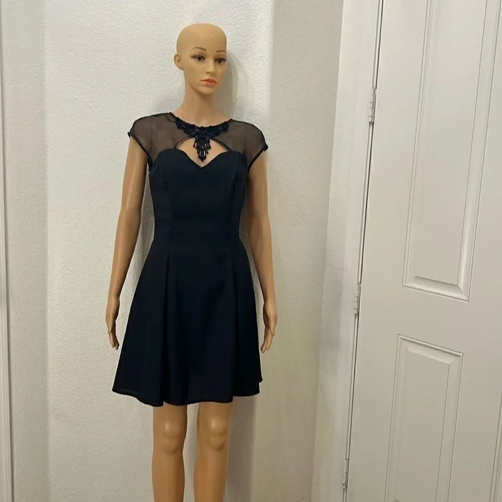 L A Glo Dress Sz 3/4 Sheer Beaded Sequined Embroidered Fit & Flare Black Mini